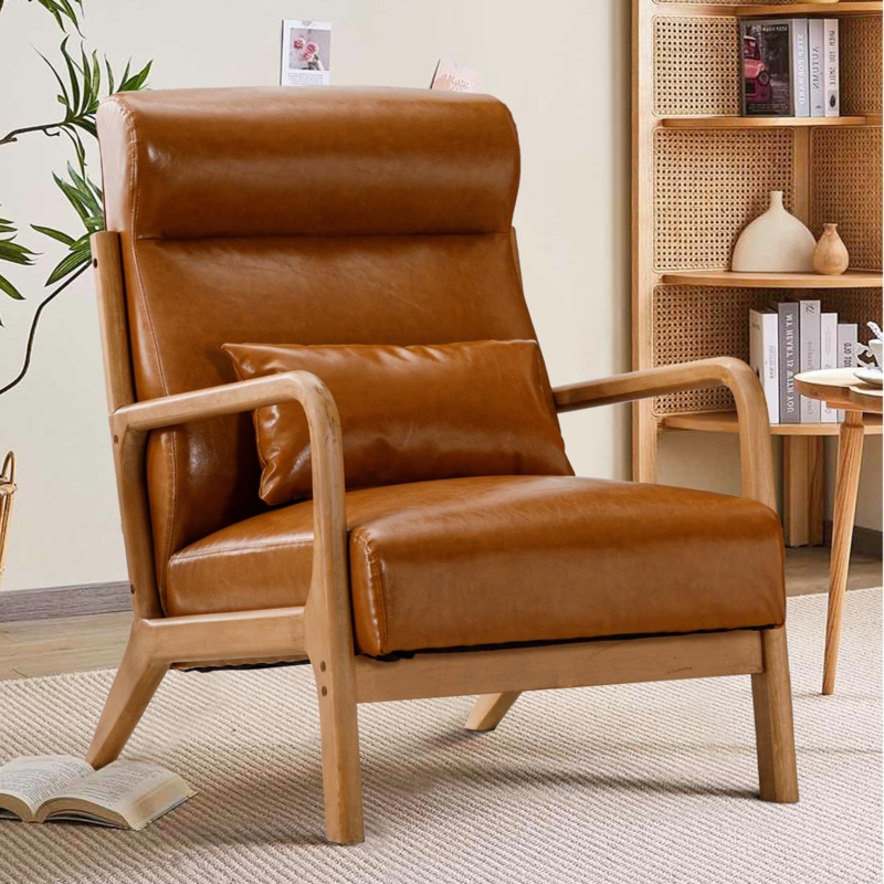 High-Back Accent Chair with Tapered Wood Legs and Waist Cushion