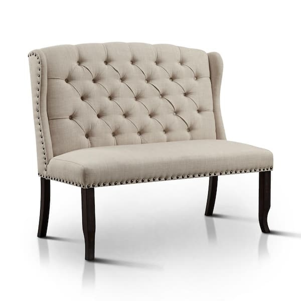 High Back Bench with Diamond Tufting and Nailhead Trim, Elegant Beige Dining Seating