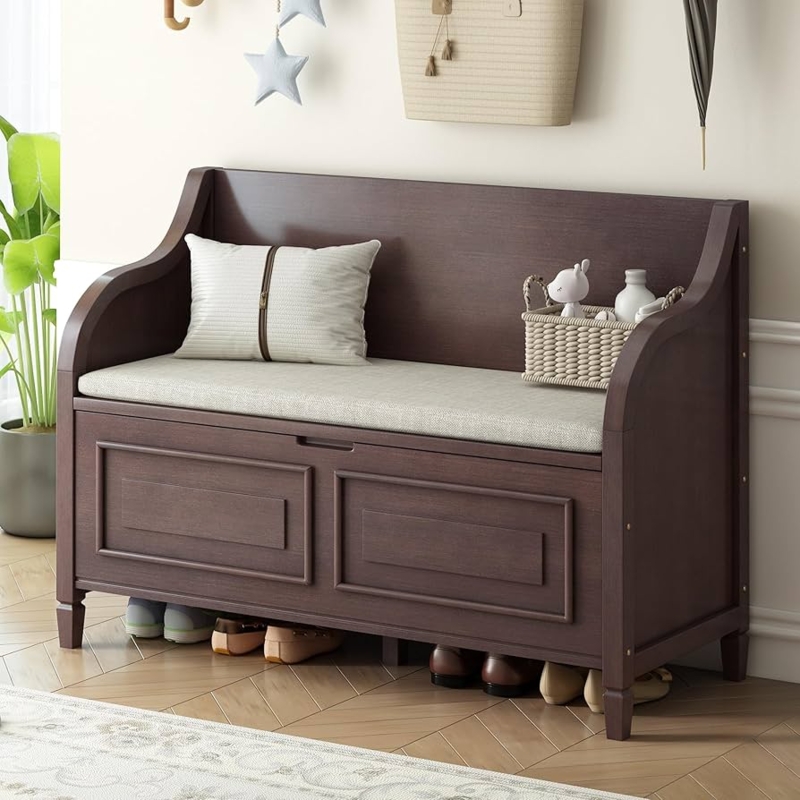 High-Back Espresso Storage Bench with Recessed Panels