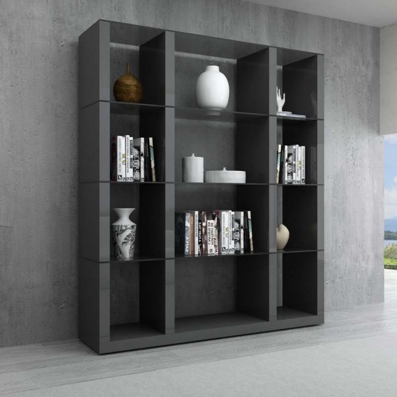 High Gloss Bookcase in Grey Finish with Asymmetrical Shelving