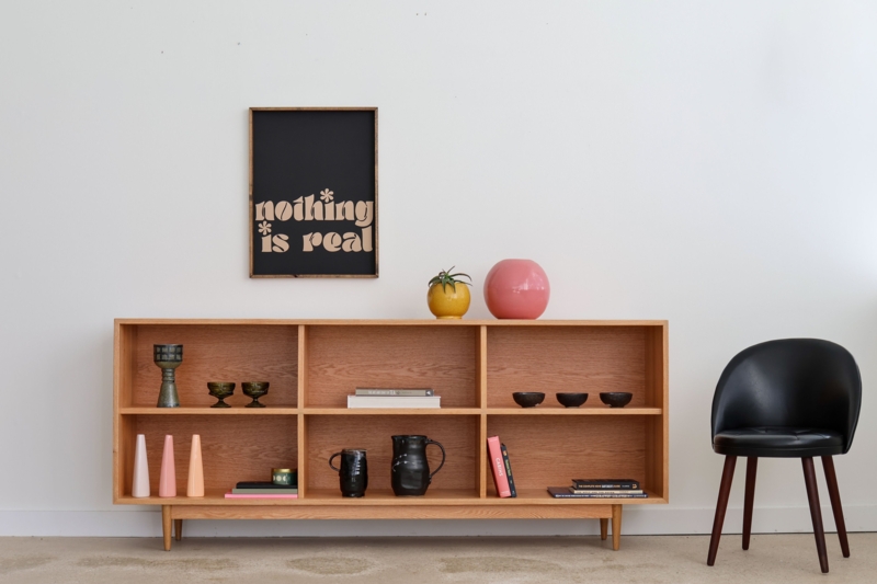 Honey Oak Bookshelf with Asymmetrical Open Shelving