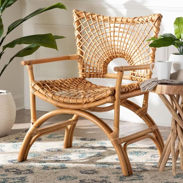 Honey Rattan Accent Chair High Back Flared Base Open Weave Pattern