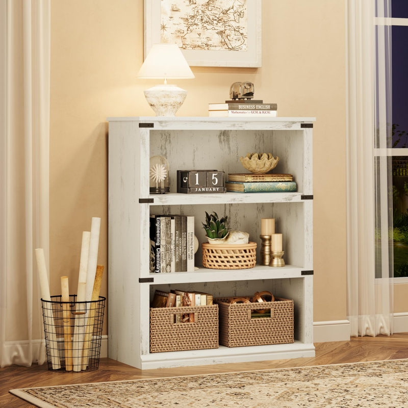 Horizontal 3-Tier Bookcase, Rustic Wood Tone, X-Frame Sides