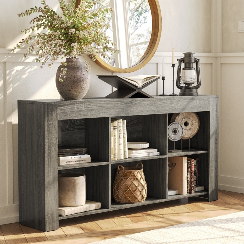 Horizontal Bookcase Staggered Layout Gray Wood Industrial Style
