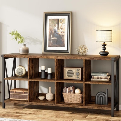 Horizontal Industrial Bookcase 8-Cube Layout Metal Frame Console