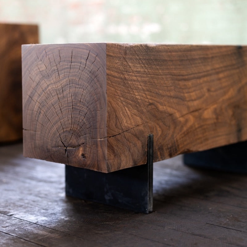 Indoor Bench Knife Style Legs Thick Beam Top Walnut Brown Industrial