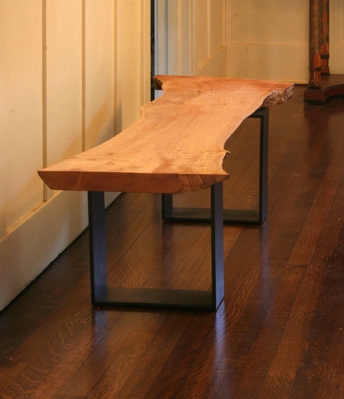Industrial Bench Live Edge Wood Slab with Black Metal Trapezoid Legs