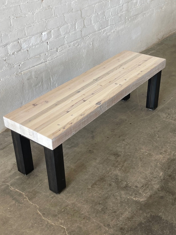 Industrial Bench with Whitewashed Wood Top and Heavy Block Legs