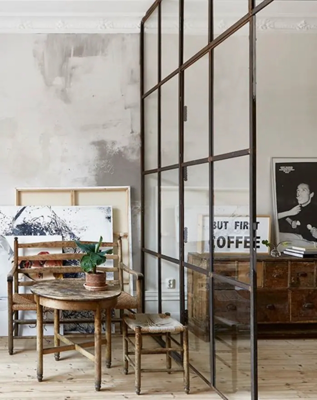 Industrial Black Metal Grid Glass Partition Room Divider