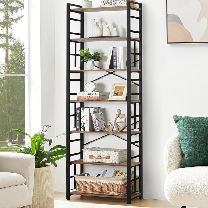 Industrial Bookcase with Black Metal Frame, X-Brace Back, Seven Tiers.