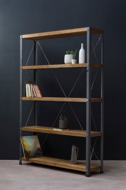 Industrial Bookcase with Tension Wire Detail, Thick Oak Planks.