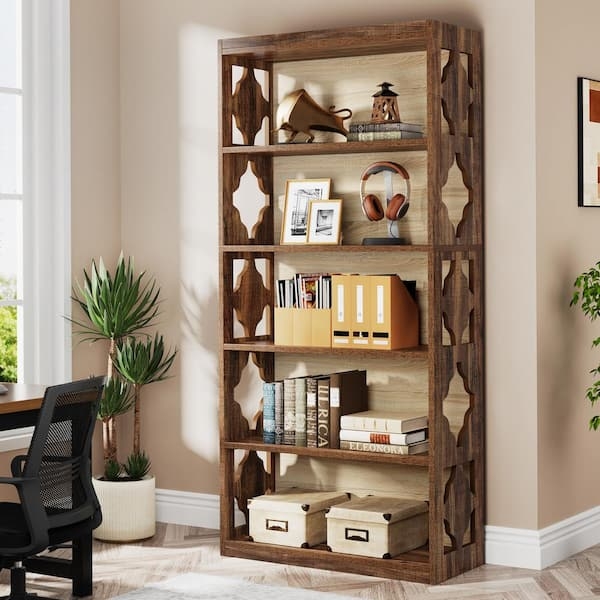 Industrial Bookcase with X-Back Brace & Rustic Wood-Toned Shelves