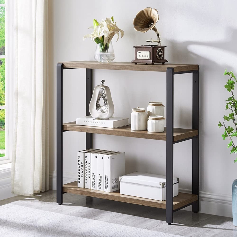 Industrial Bookshelf Metal Frame Light Oak X-Brace Support