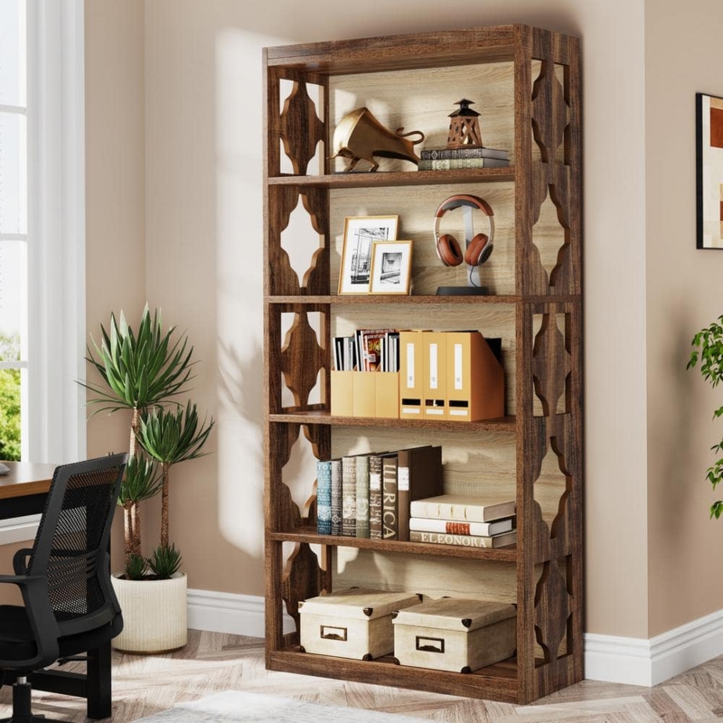 Industrial Bookshelf with X-Brace Back and Six Tiers in Rustic Brown