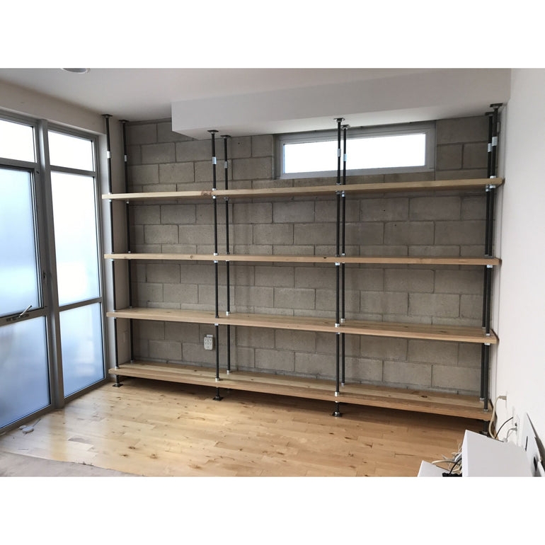 Industrial Built-In Bookcase, Treaded Metal Rods Reclaimed Wood Toned