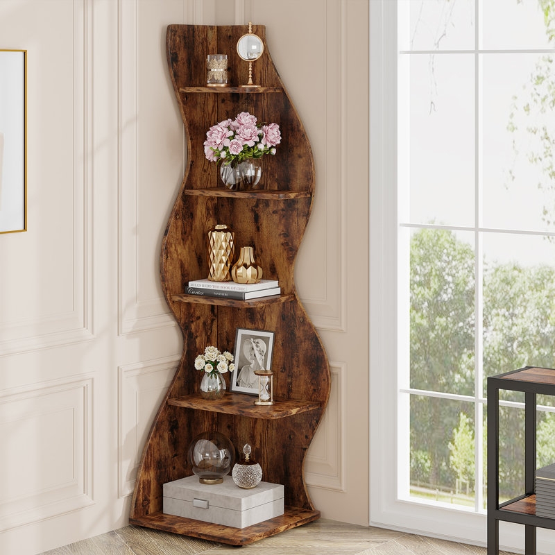 Industrial Corner Bookcase with Five Tiers and Black Metal Frame