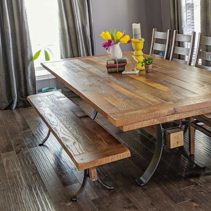 Industrial Dining Bench, Curved Metal Legs, Thick Wood Plank Top