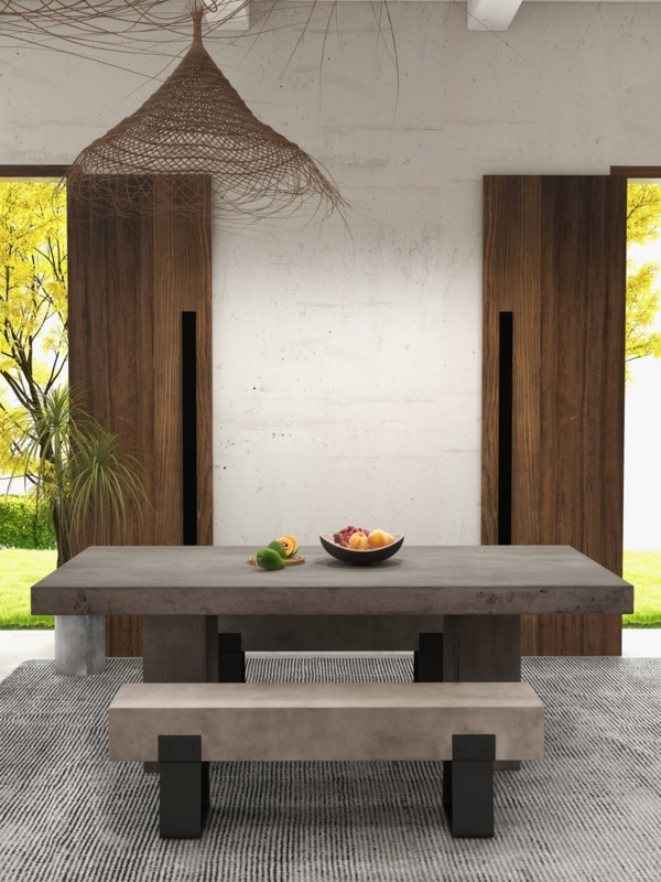 Industrial Dining Bench with Stone-Like Slab Seat & Black Legs