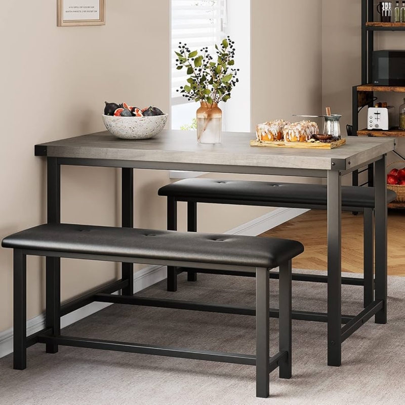 Industrial Dining Set with Tufted Benches, Gray Wood Top