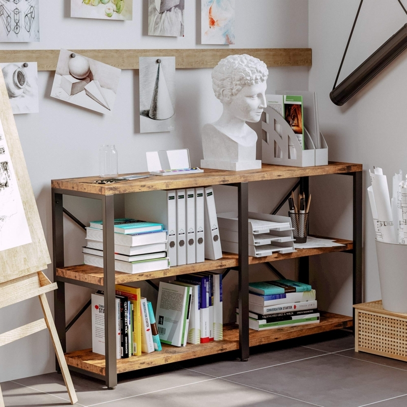 Industrial Double Wide Bookshelf, 3-Tier Low Profile with X-Frame.