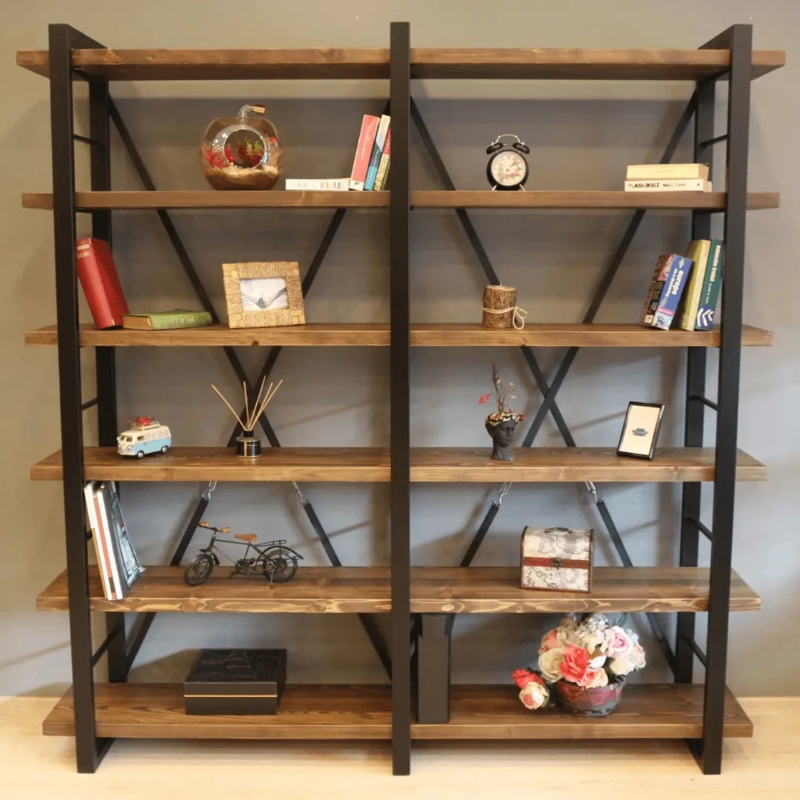 Industrial Etagere Bookcase Styling, 6-Tier Open Shelving with X-Brace.