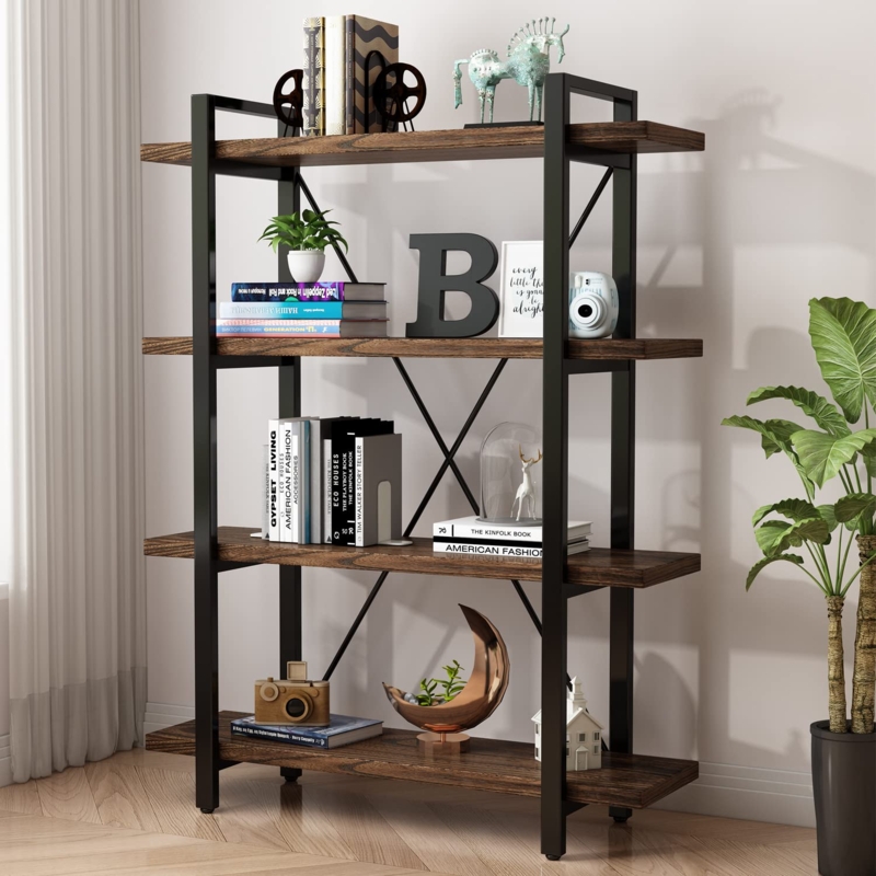 Industrial Etagere Bookcase with Metal X-Brace Support