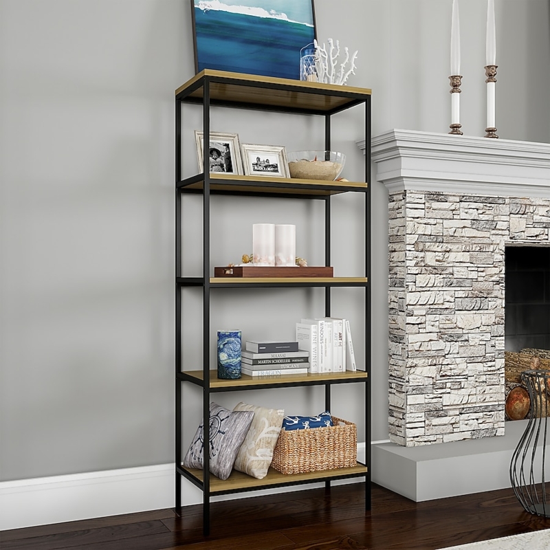 Industrial Etagere Bookshelf Styling, 5-Tier Rustic Wood Metal X-Back.