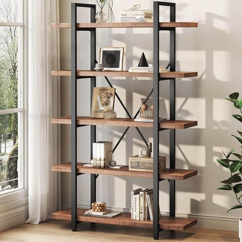Industrial Etagere Bookshelf with Metal X-Back Brace