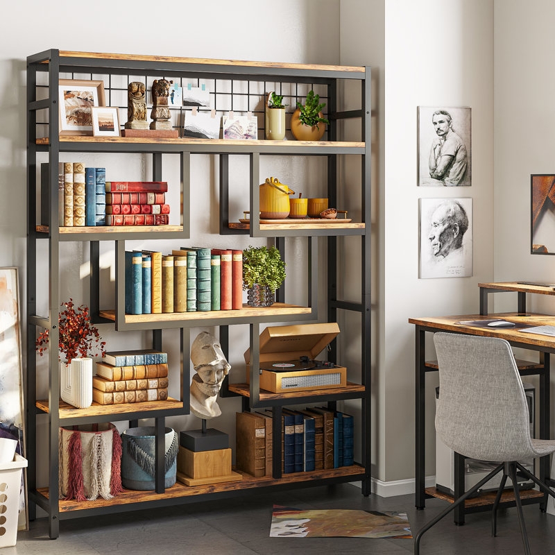 Industrial Geometric Bookcase Iron and Wood Staggered