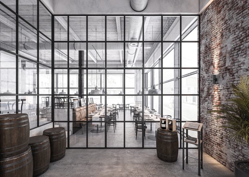 Industrial Glass Partition Black Grid Loft Style for Restaurant