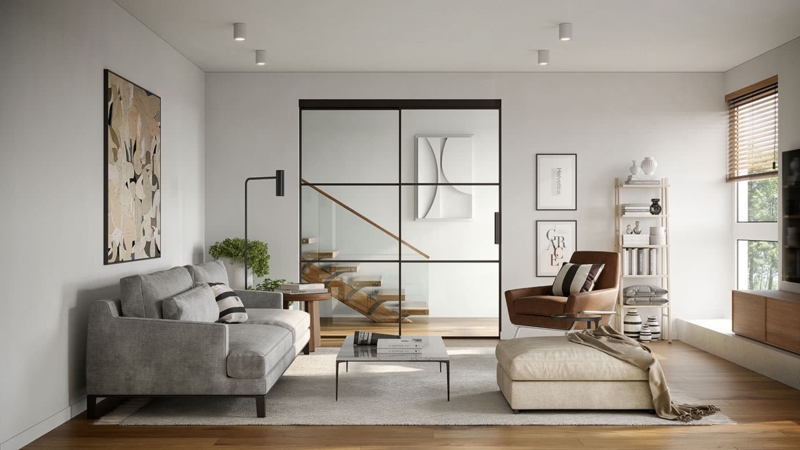 Industrial Glass Partition Door Black Metal Grids