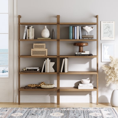 Industrial Ladder Bookcase Wall Mounted Metal Wood Toned Five Tier