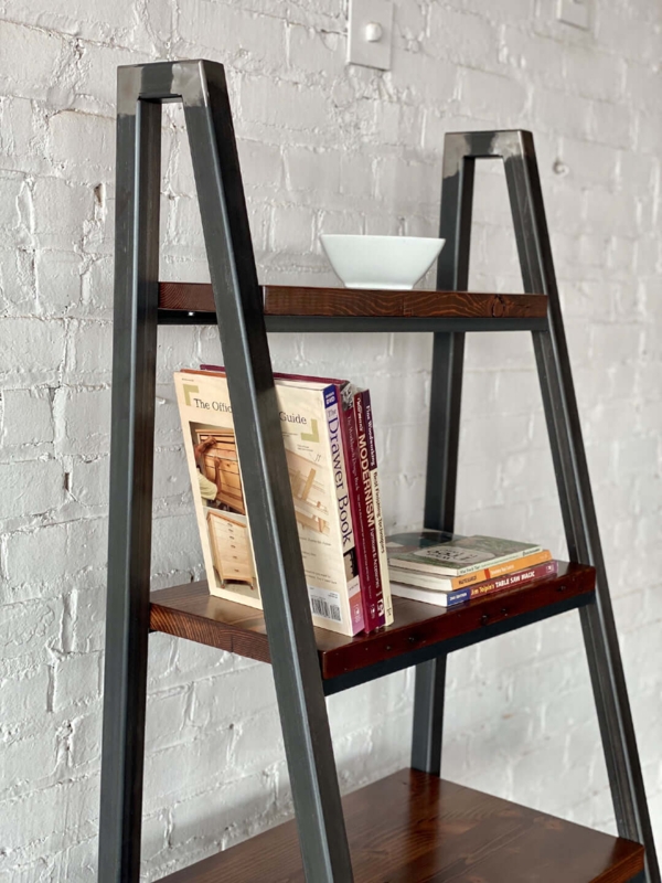 Industrial Ladder Bookshelf Reclaimed Wood Look with Metal Hardware