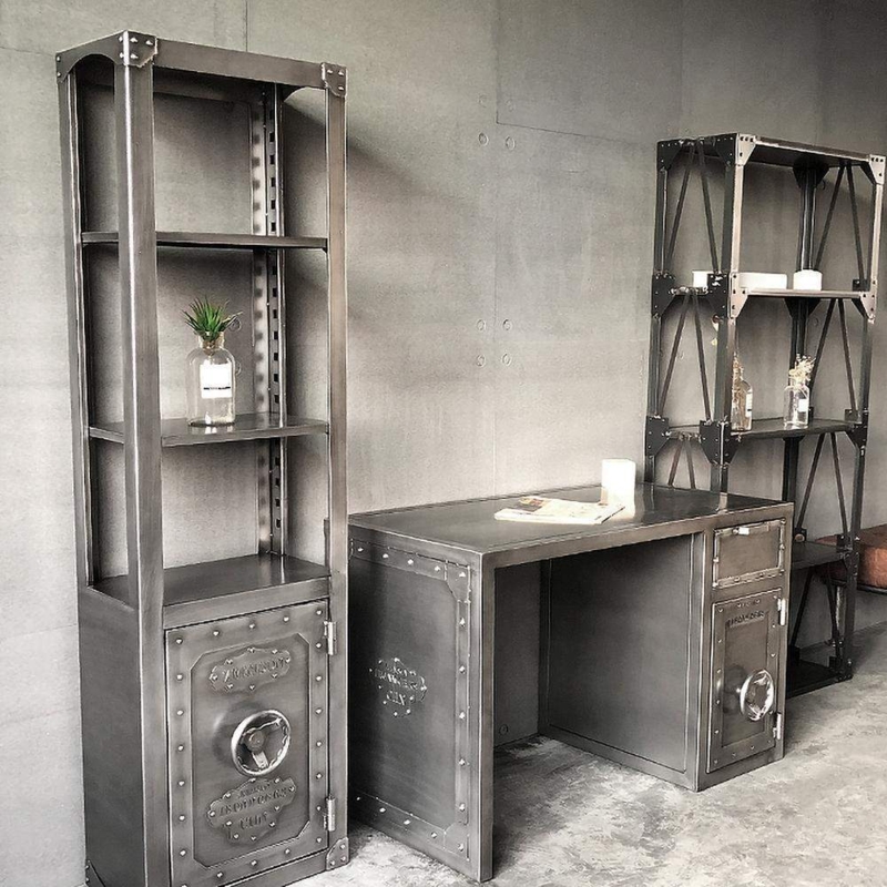 Industrial Metal Bookcase Integrated Cabinet Brushed Finish Display