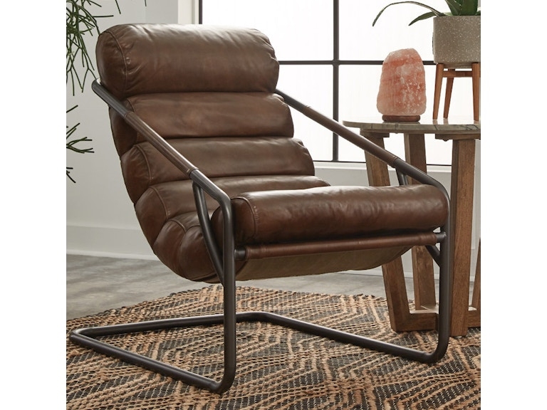 Industrial Metal Frame Accent Chair with Distressed Leather & Wood Caps
