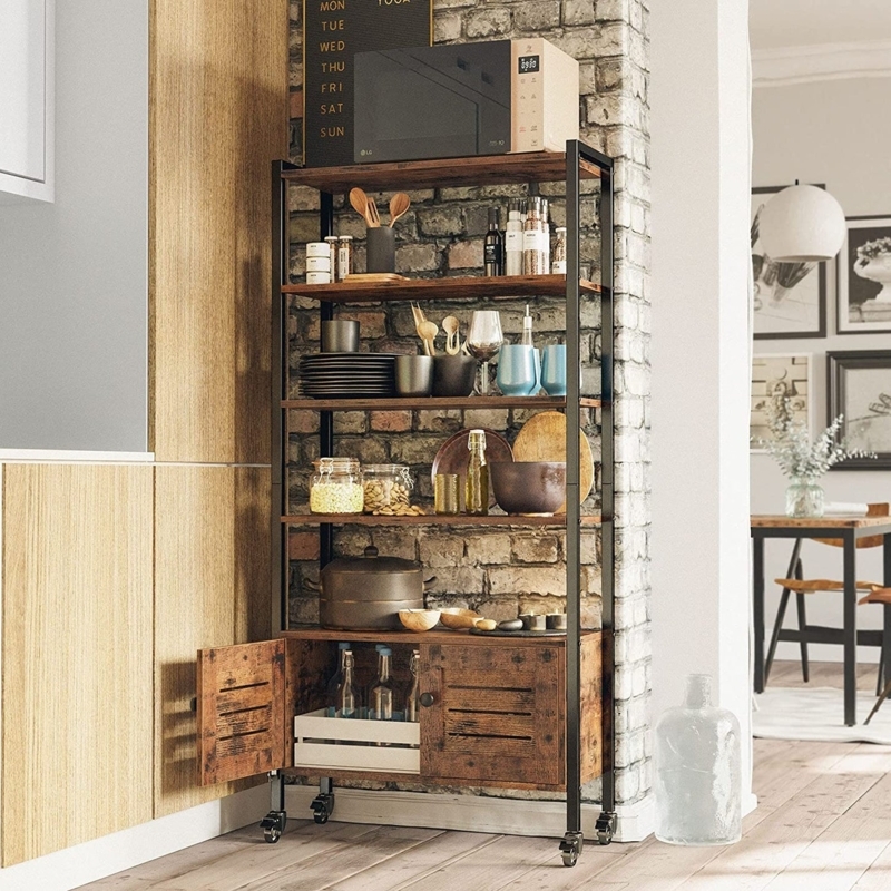 Industrial Open Shelf Bookcase, 5-Tier Rustic Wood Metal X-Brace Back.