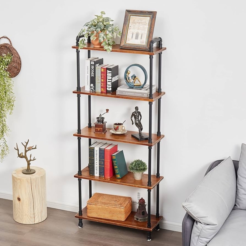 Industrial Pipe Bookshelf Styling, 5-Tier Rustic Brown with X-Bracing.