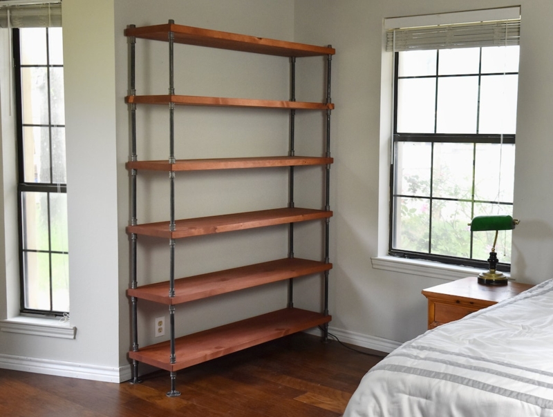 Industrial Pipe Open Bookshelf, 5-Tier Modern Farmhouse Stained Wood.