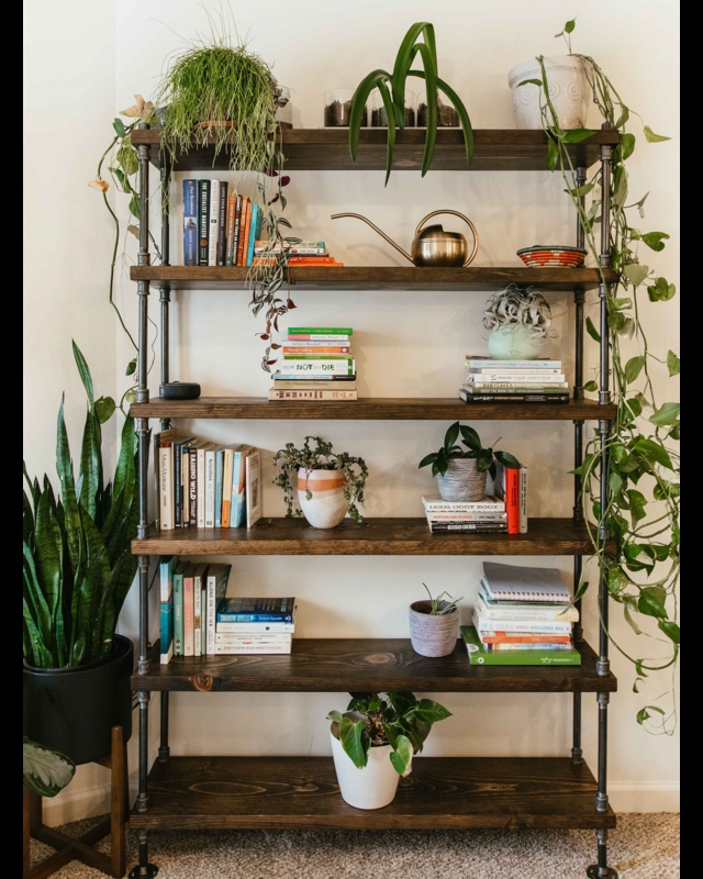 Industrial Pipe Shelving Unit, 5-Tier Rustic Wood, Metal with X-Brace.