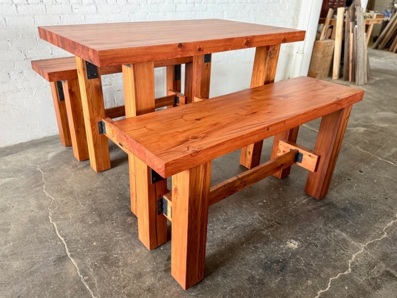 Industrial Reclaimed Wood Dining Set, Metal Brackets, Cherry Stain