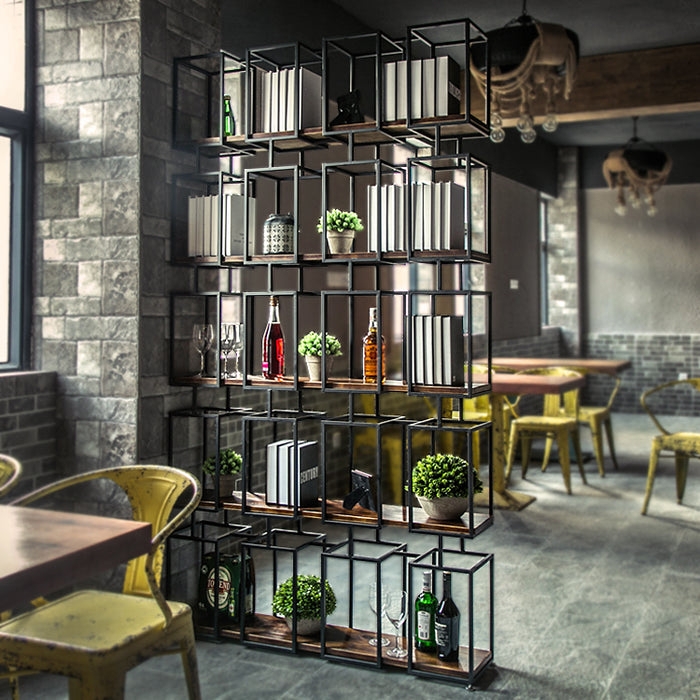 Industrial Room Divider Black Grid Staggered Wood Shelves
