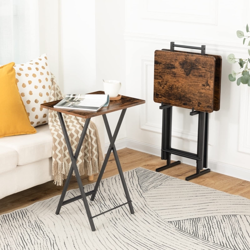 Industrial Rustic TV Tray Set Brown Wood Metal X-Frame Rounded Corners