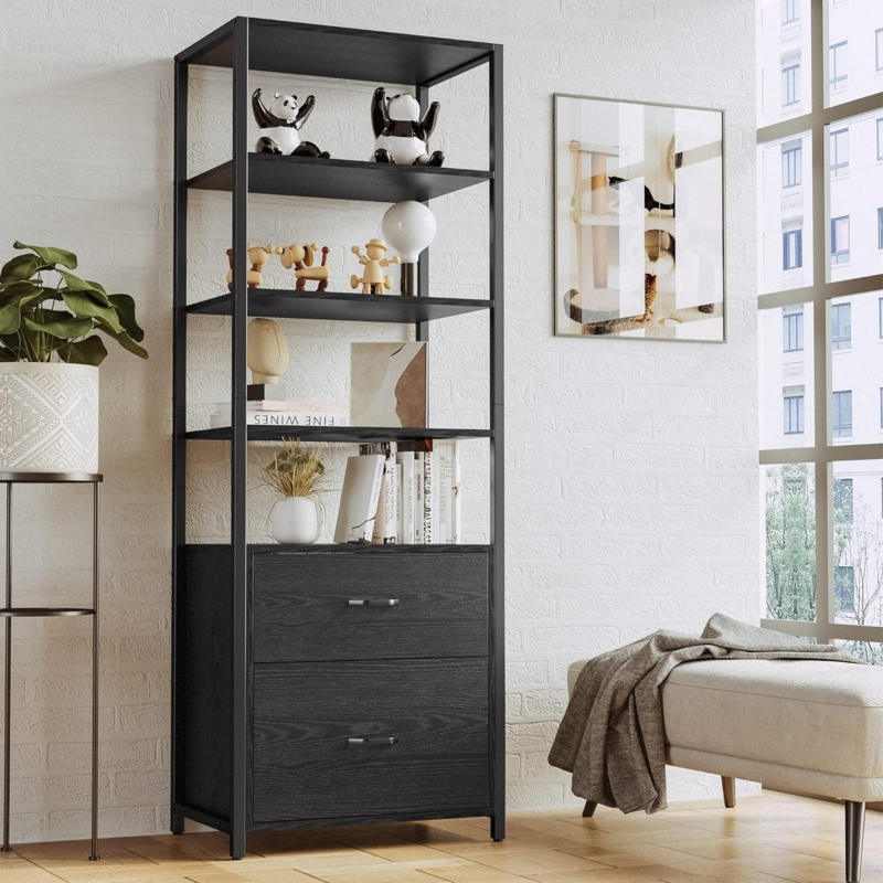 Industrial Rustic Wood & Metal Bookcase with X-Brace & Drawers