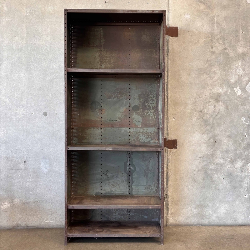 Industrial Shelving Unit, Distressed Metal with Heavy Patina.