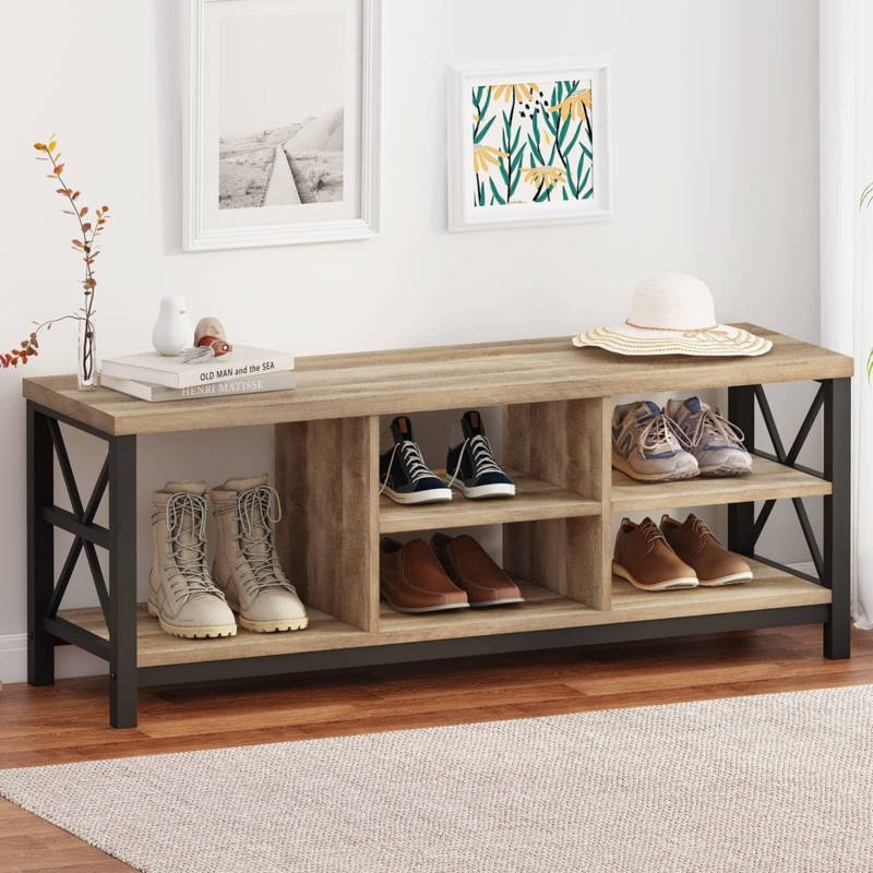 Industrial Shoe Bench with Mesh Side Panels and Adjustable Shelves