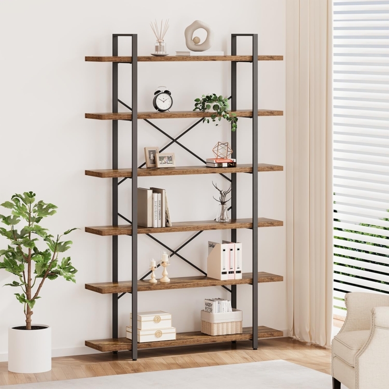 Industrial Six Tier Bookcase with Metal X-Back Brace.