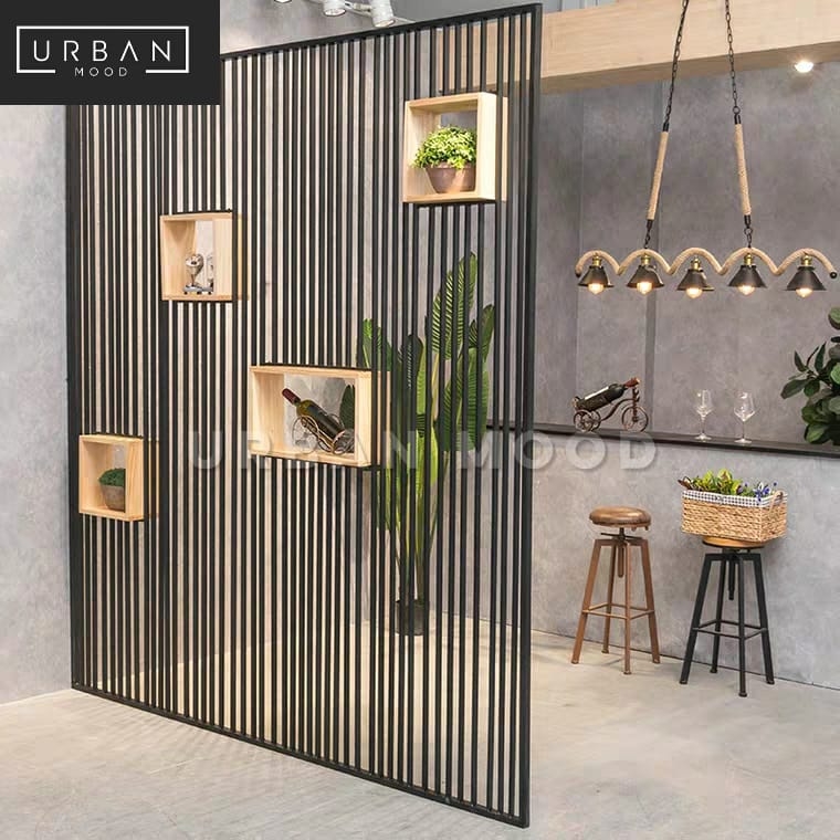 Industrial Slatted Room Divider with Inset Wood Display Cubbies