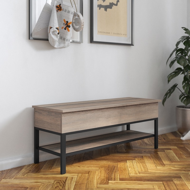 Industrial Storage Bench with Black Metal Frame and Lift-Top Compartment