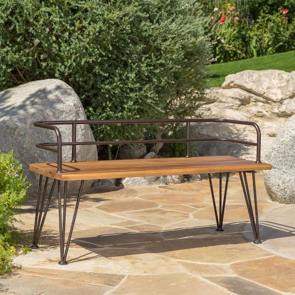 Industrial Style Outdoor Bench, Wraparound Backrest, Flared Hairpin Legs.