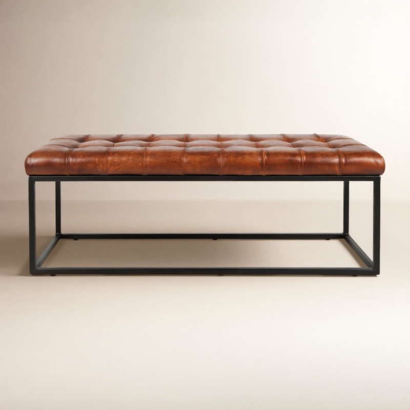 Industrial Tufted Bench, Cognac Leather-Like, Black Metal Box Frame